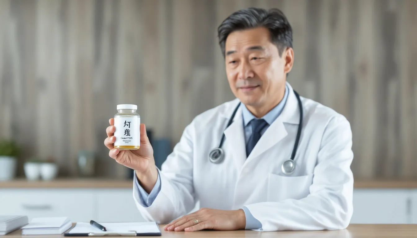 Doctor holding a bottle of cordyceps supplement
