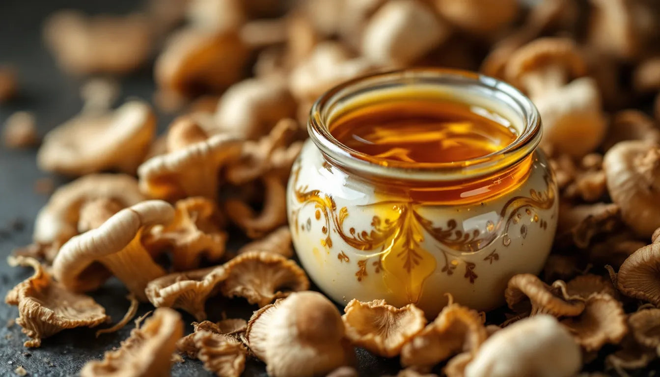 Glass jar of honey next to dried mushrooms on table