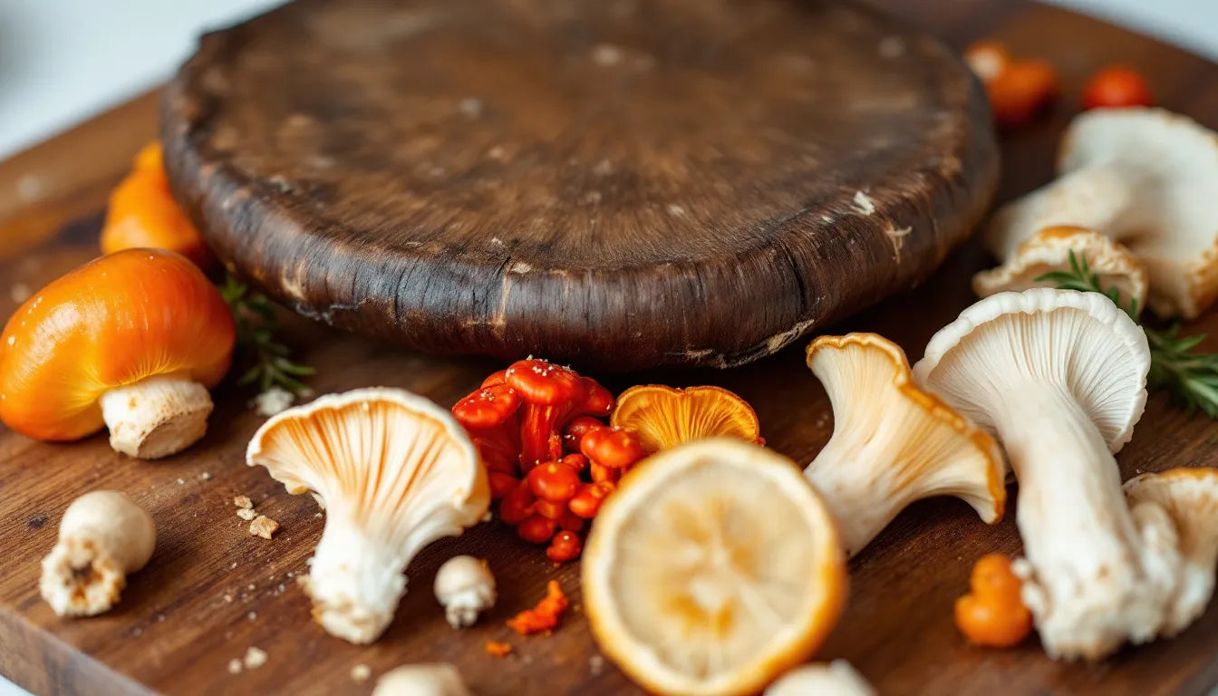 Assorted mushrooms grouped by variety on a cutting board