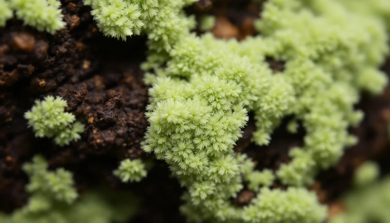 Green fuzzy Penicillium mold growing on exposed mushroom substrate