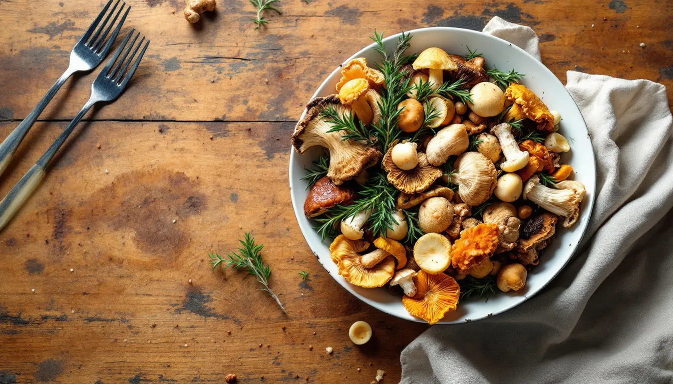 Variety of edible mushrooms in ceramic bowl