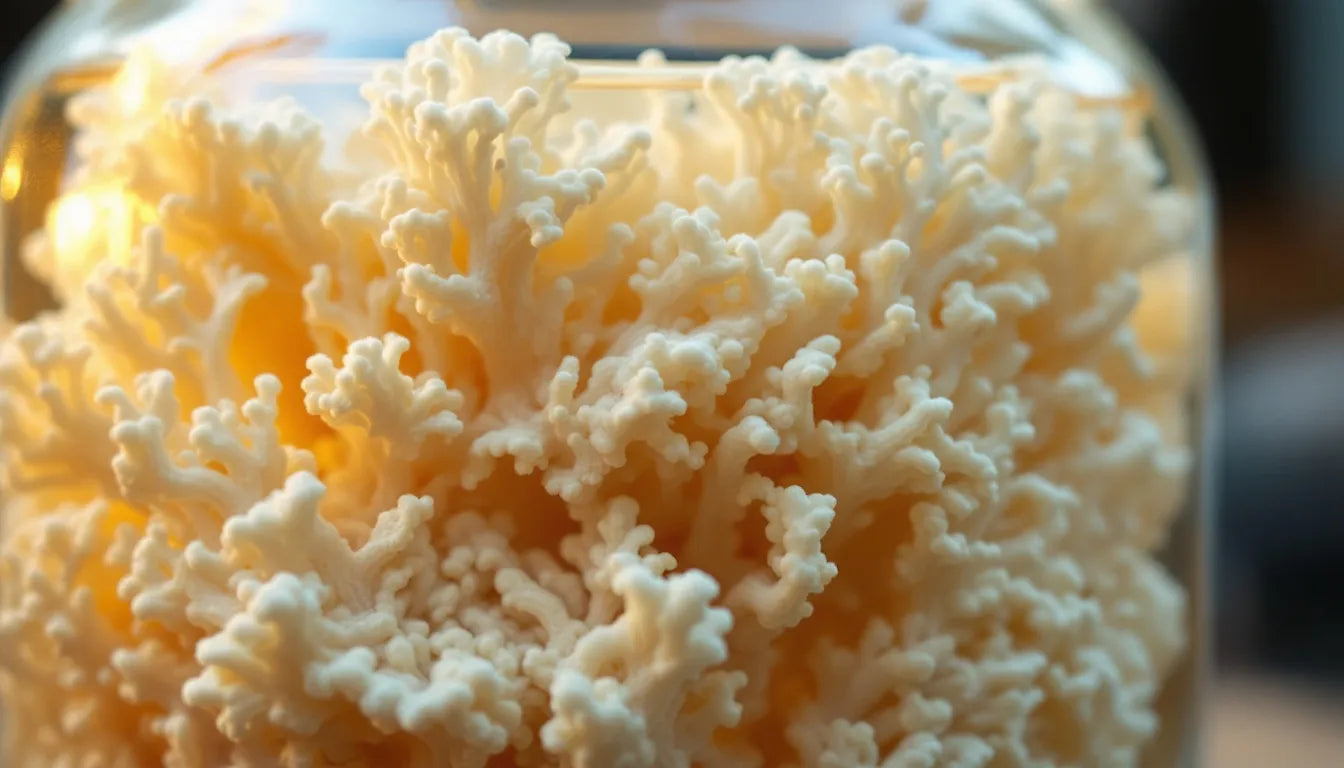 White fungal mycelium colonizing a substrate in a jar