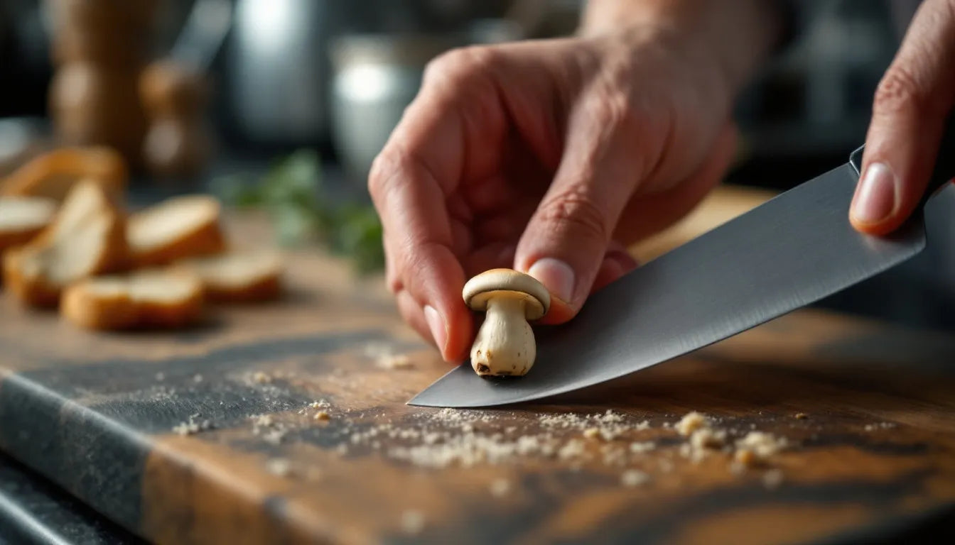Cutting mushroom stem with knife to forage sustainably