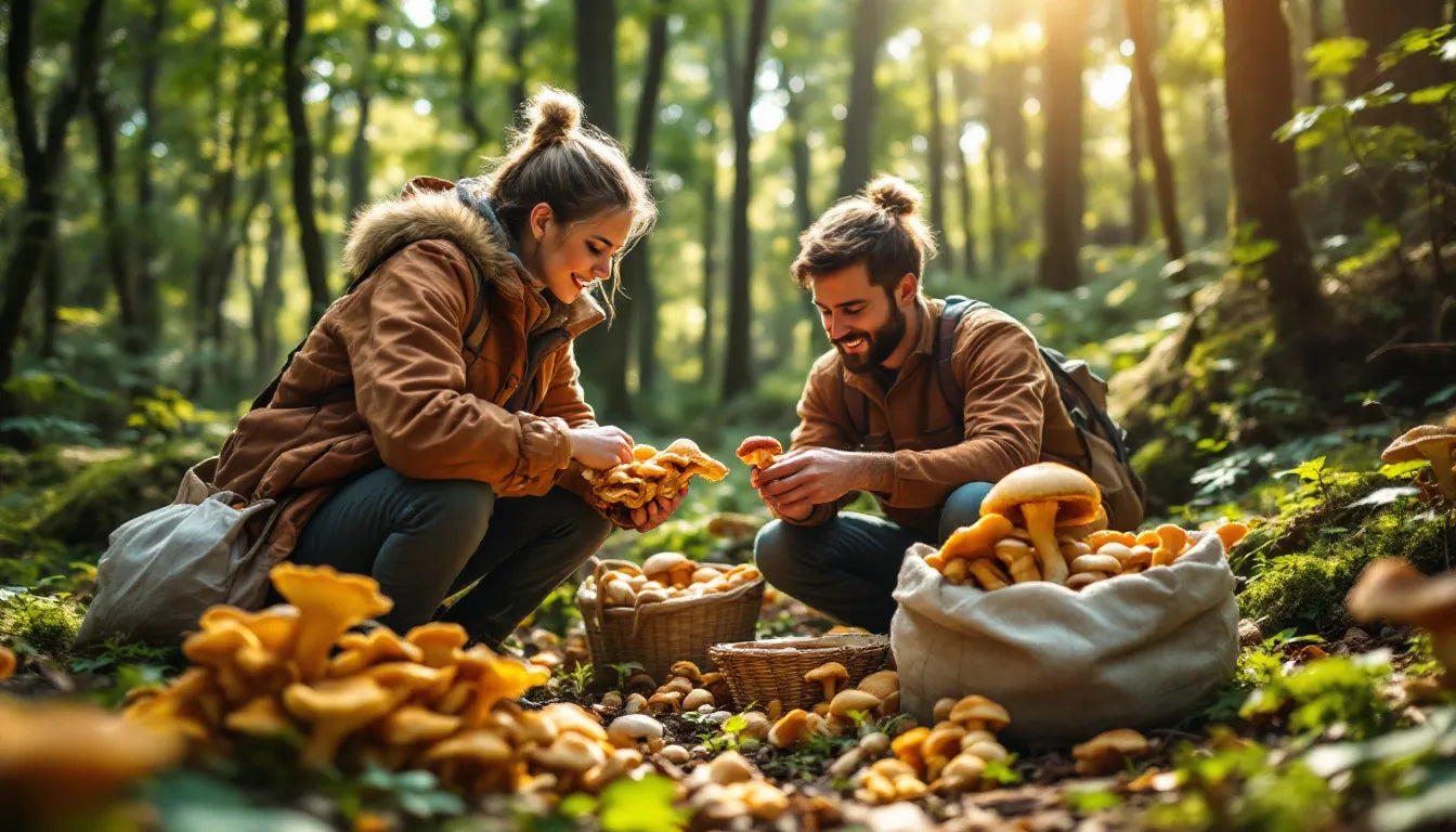 Festival attendees foraging for wild mushrooms in a dense forest.