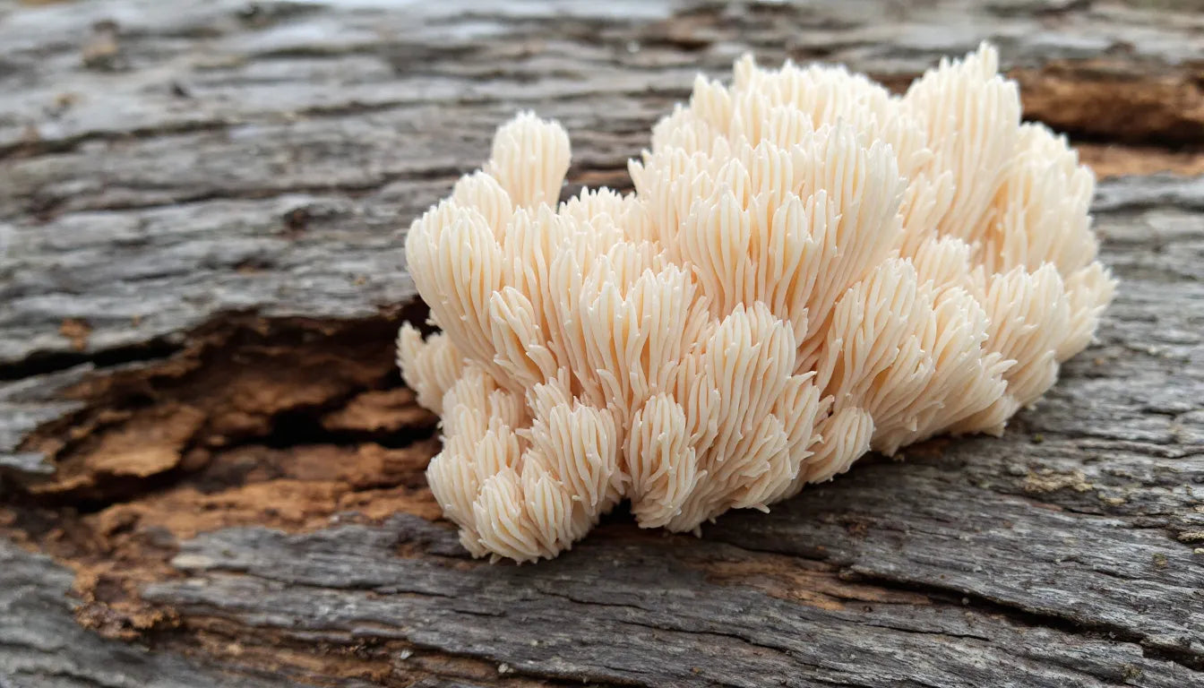 Lion’s Mane mushrooms fruiting from enriched wood substrate