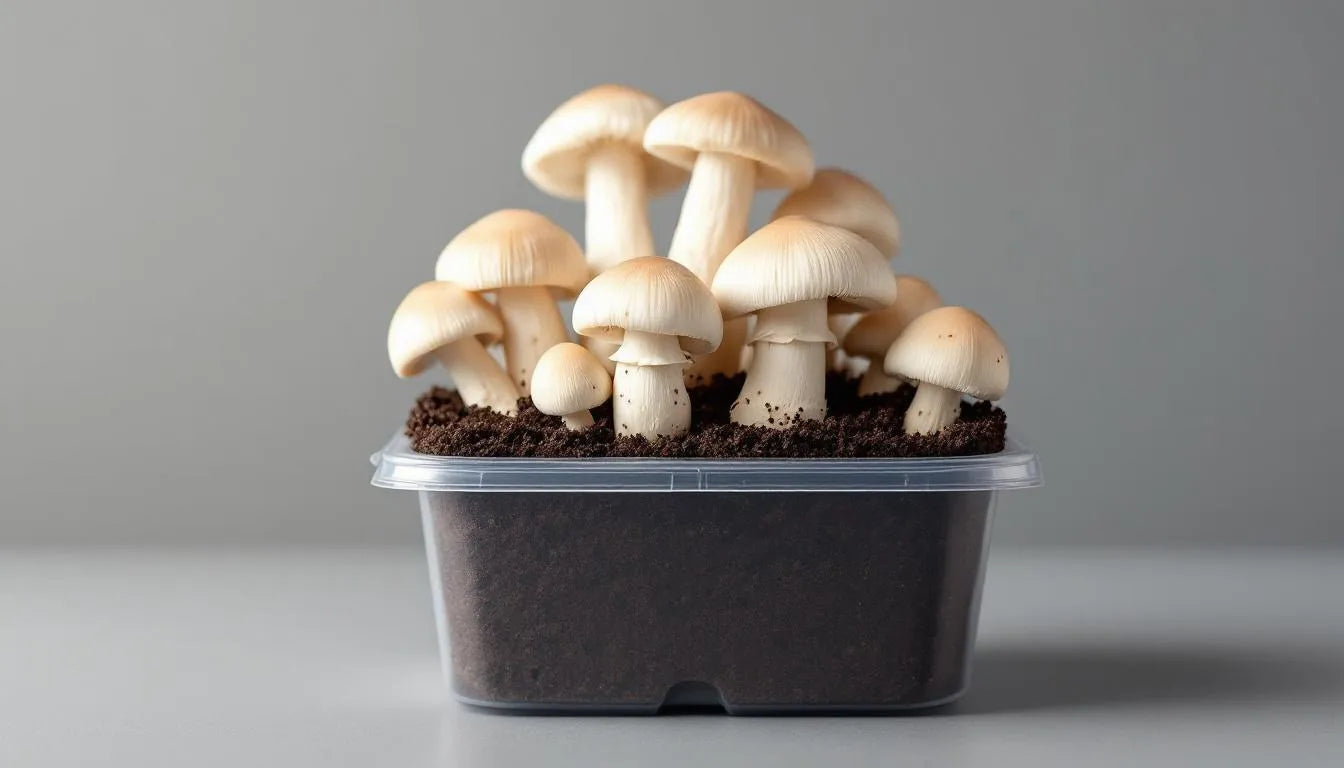 Compact mushroom grow kit showing fruiting mushrooms