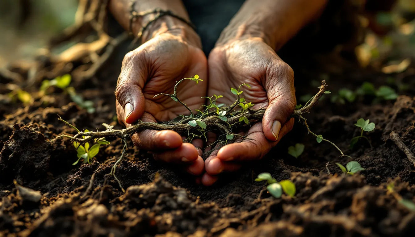 Hands holding sacred vine directly above earth