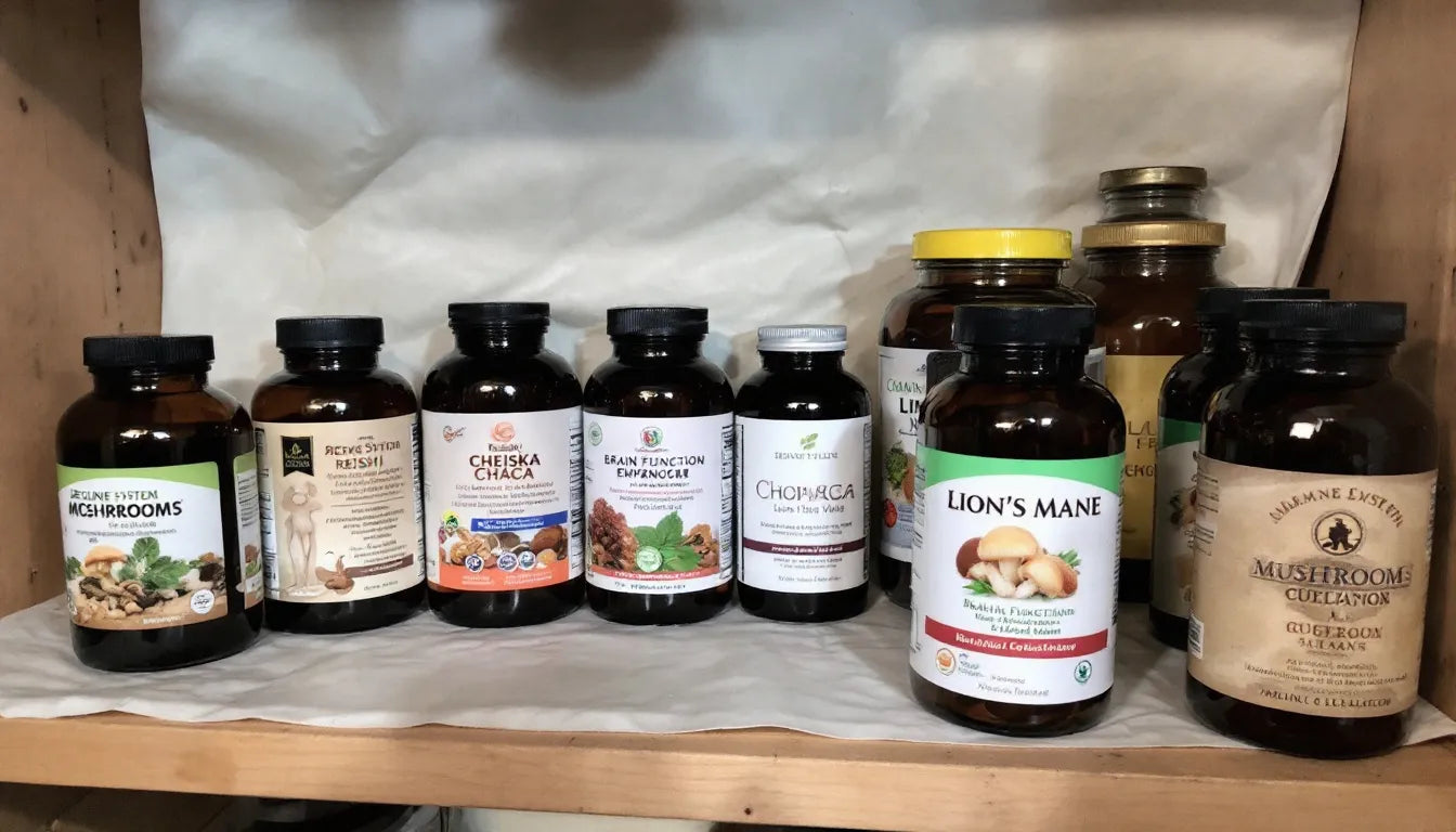 Various mushroom supplement bottles displayed on a store shelf.