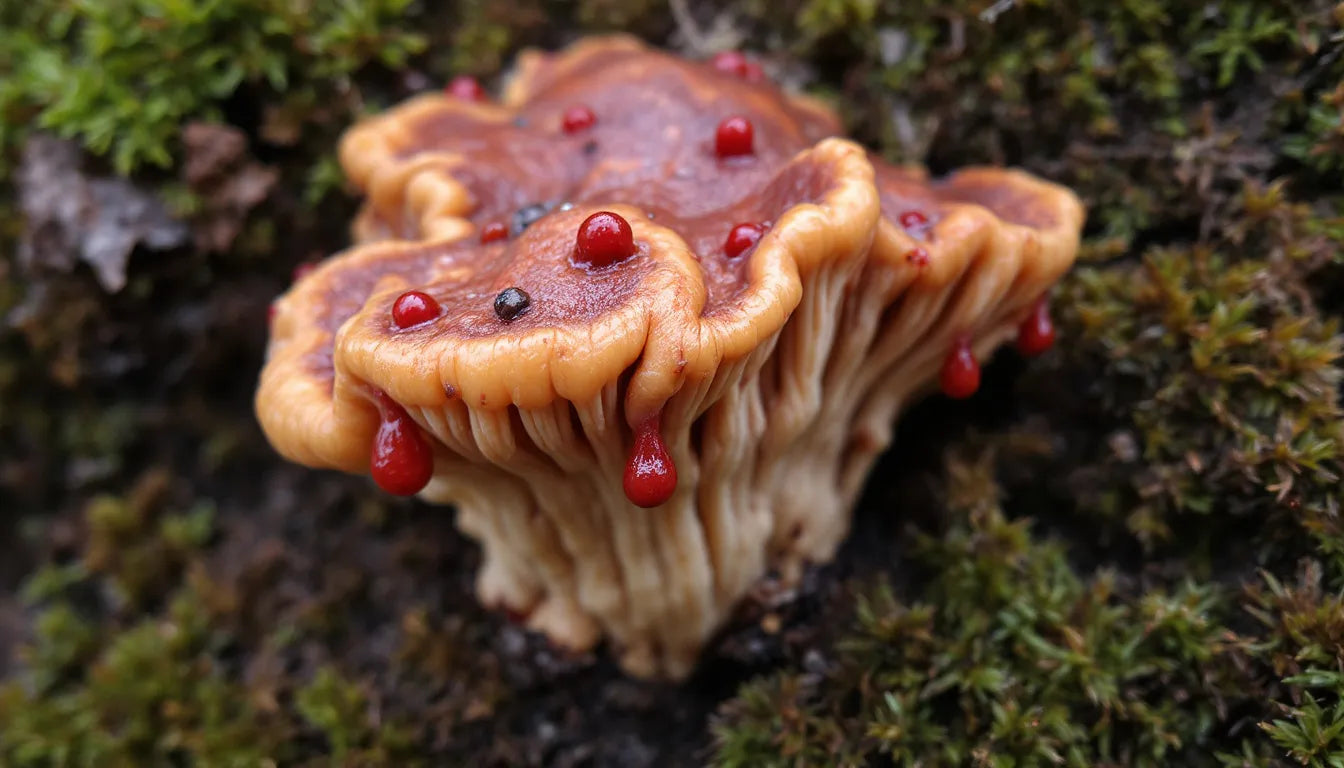 A close-up of the Bleeding Tooth fungus with red liquid droplets.