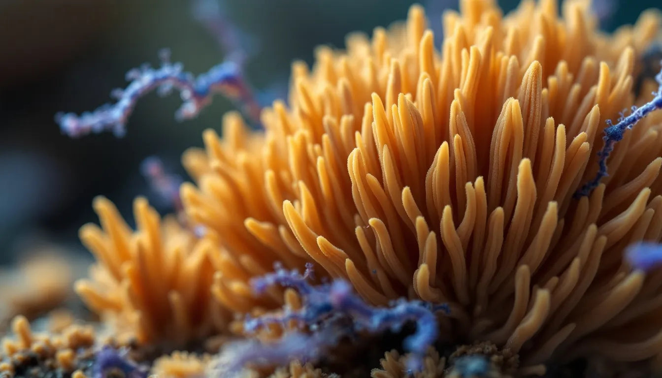 Lion’s mane mushroom with realistic illustration of neural connections