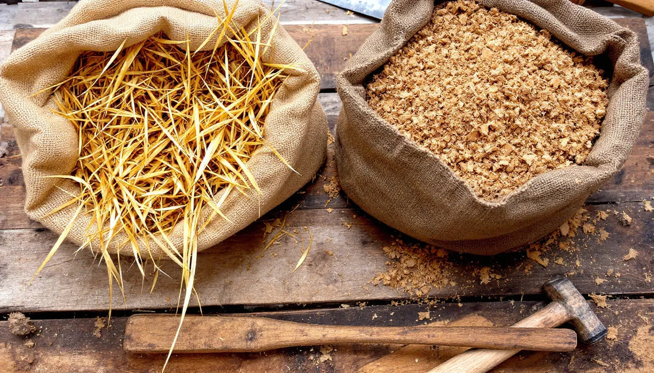 hardwood sawdust and straw stored in burlap bags for mushroom substrate
