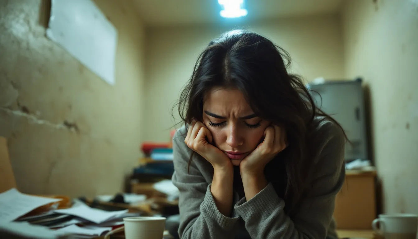 Stressed woman sitting with head in hands, anxiety