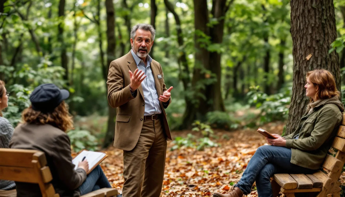 Group discussion in forest led by moderator