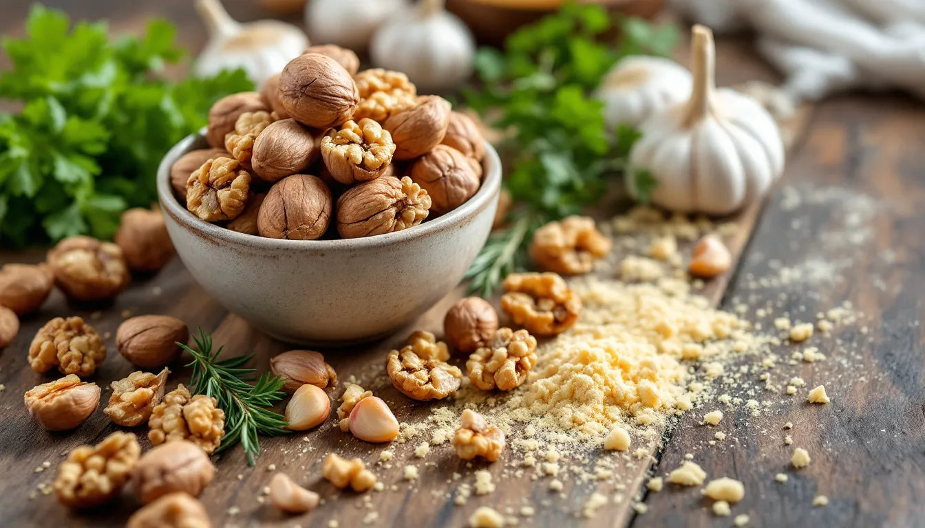 Walnuts, garlic, nutritional yeast, and fresh herbs arranged on a countertop.