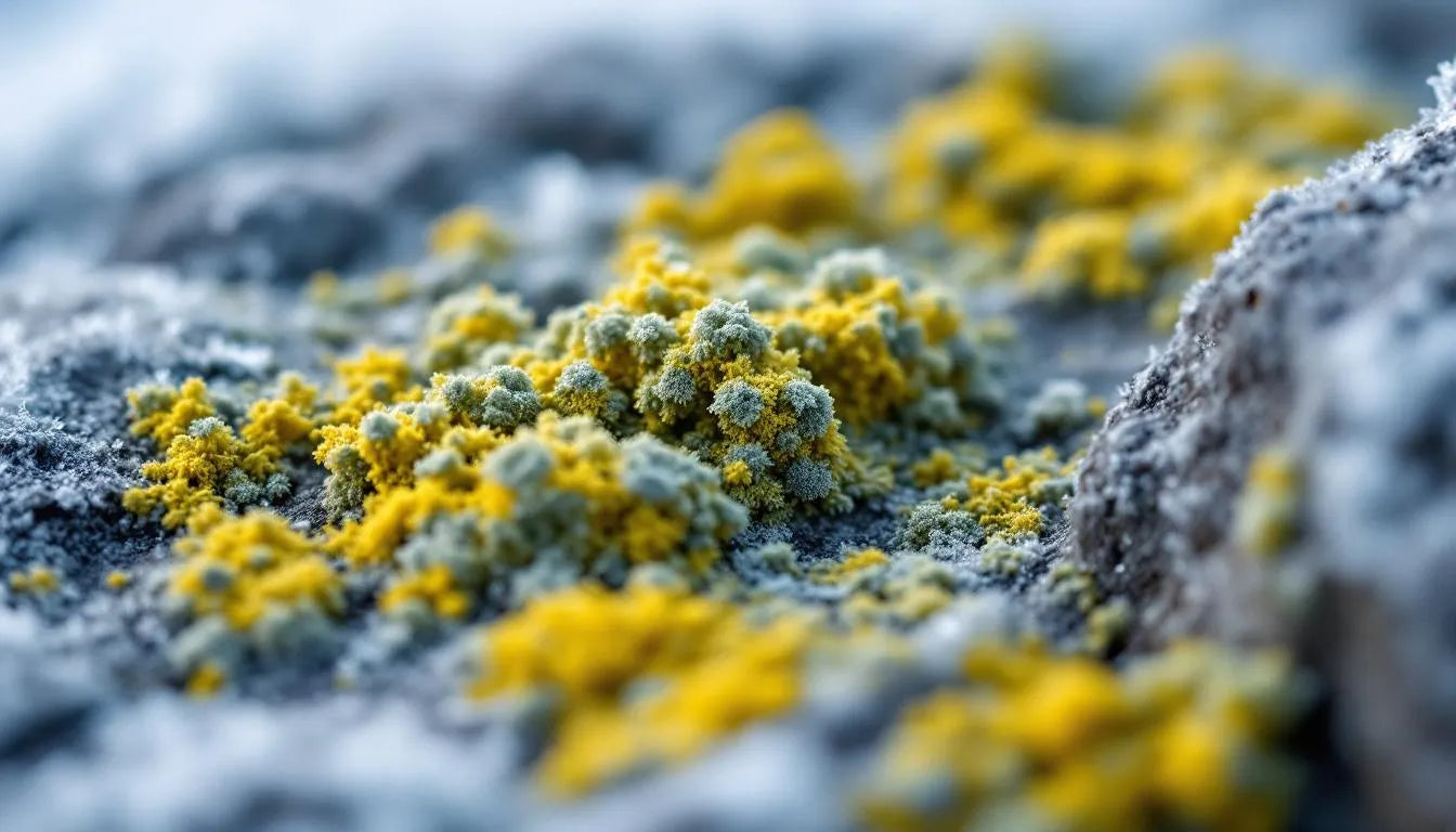 lichen growing on icy rock in arctic environment