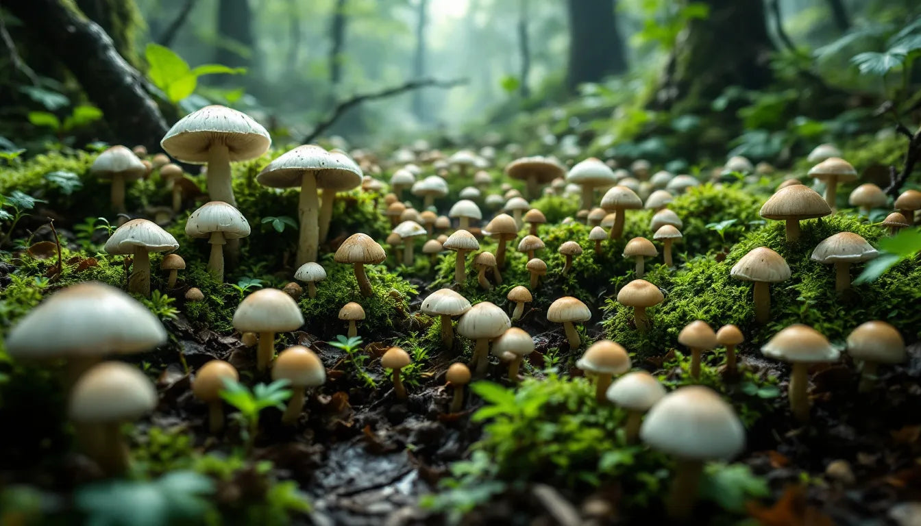 Cluster of mushrooms rapidly growing in vibrant green forest