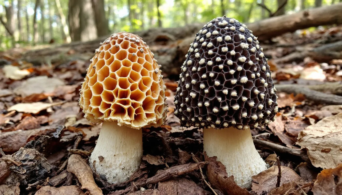 false and true morel mushrooms next to each other