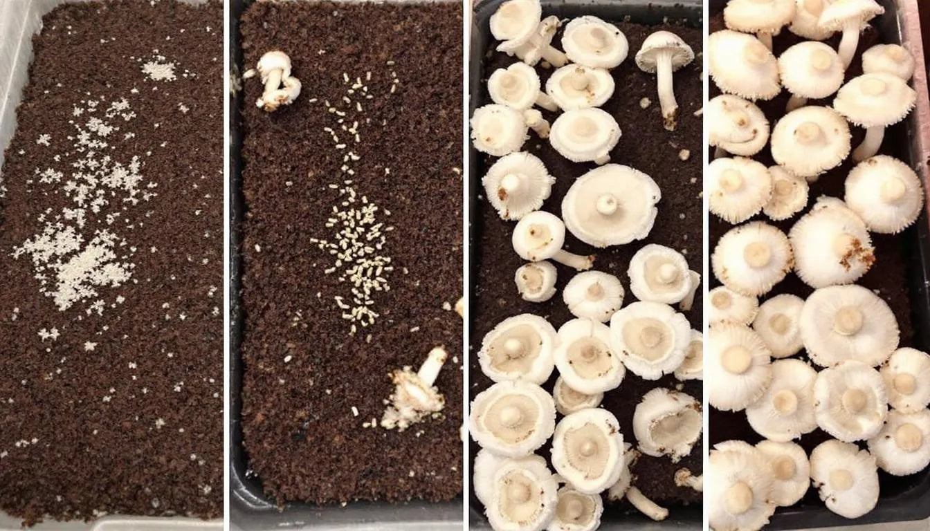 Four visible stages of mushrooms growing from spore to fruit
