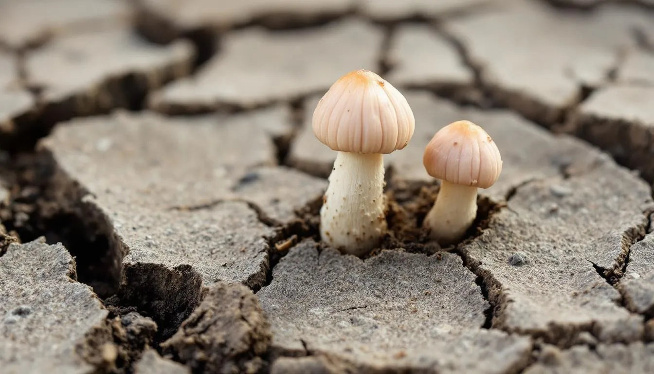 Small fungus struggling in polluted dry soil
