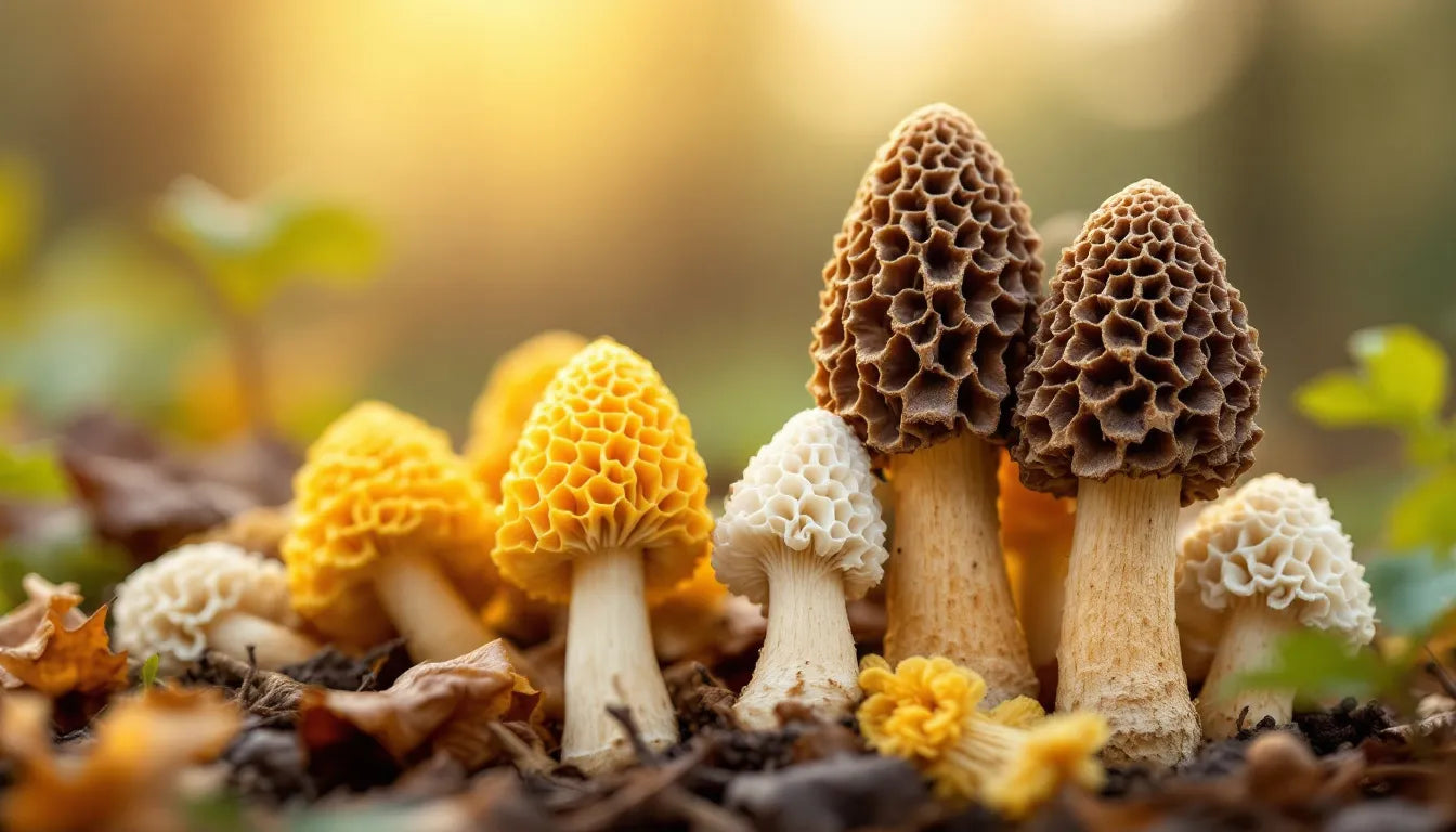 variety of morel mushroom species on table