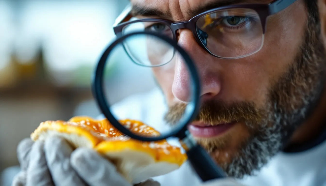 A person using a magnifying glass to inspect mushrooms for safety.