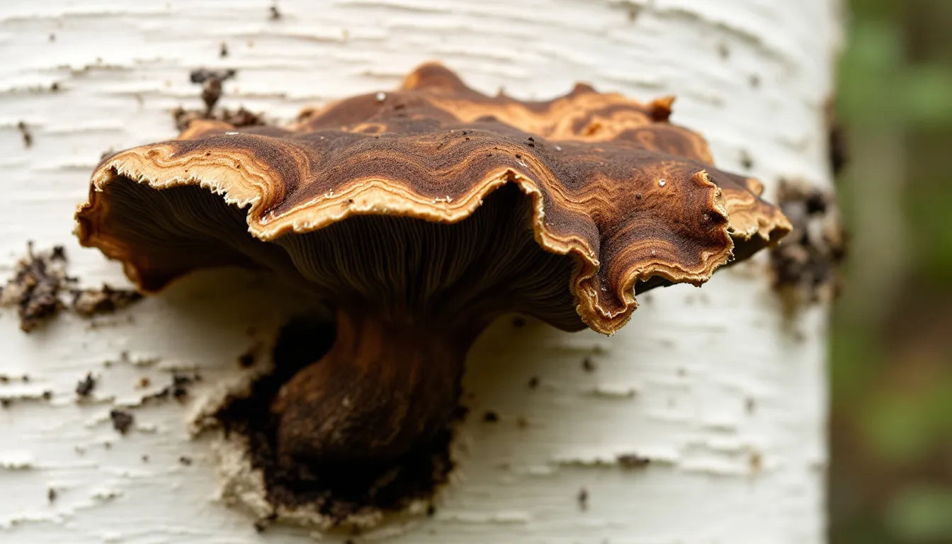 Ultra-realistic chaga mushroom growing on a birch tree