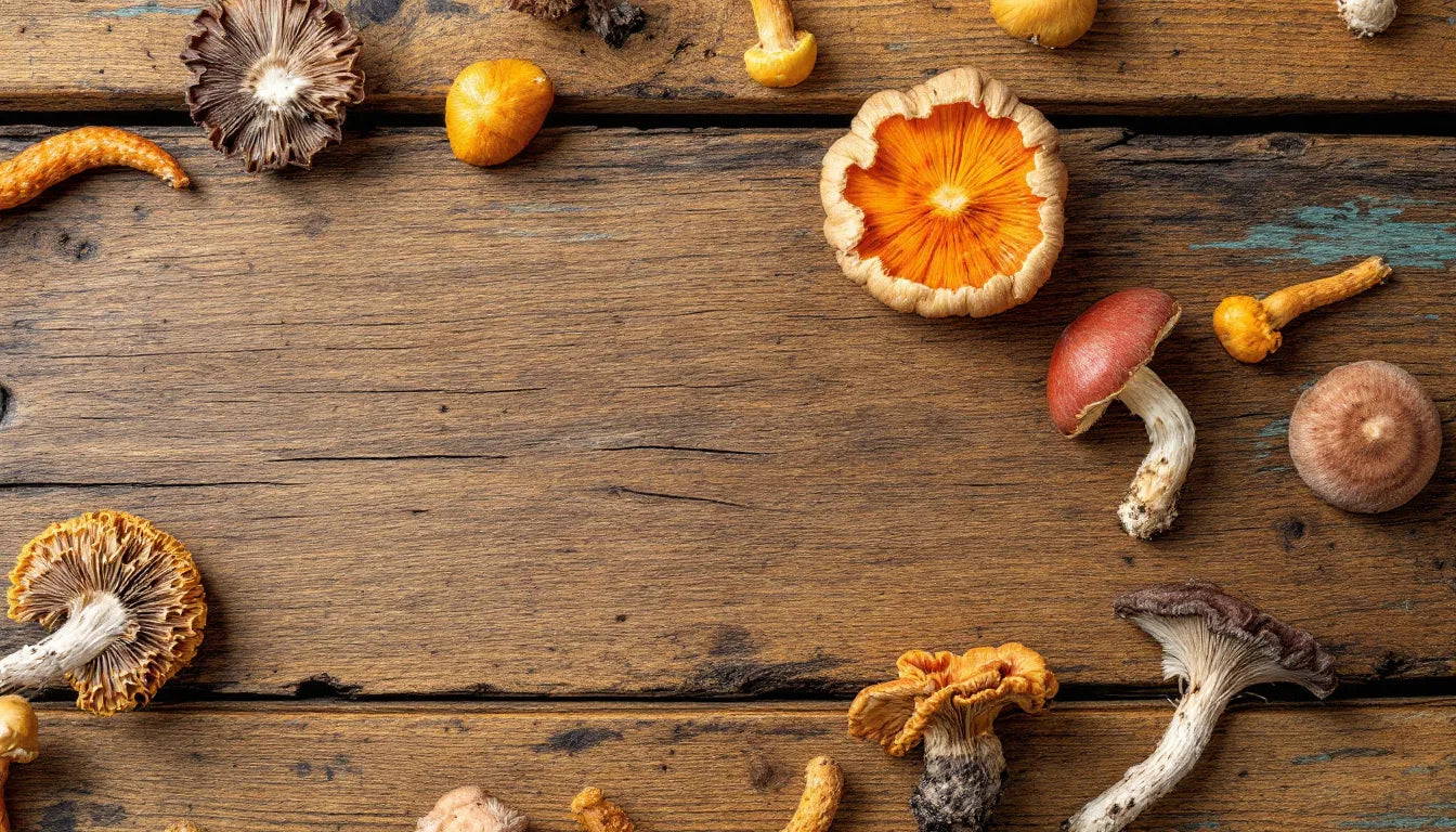 Different mushroom varieties on a wooden table
