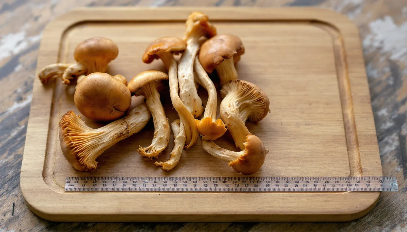 Mushroom stems on a wooden surface next to kitchen scale