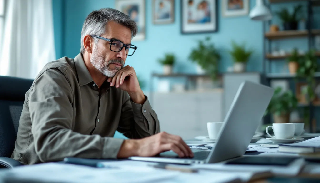 researcher reading antidepressant side effects study on laptop