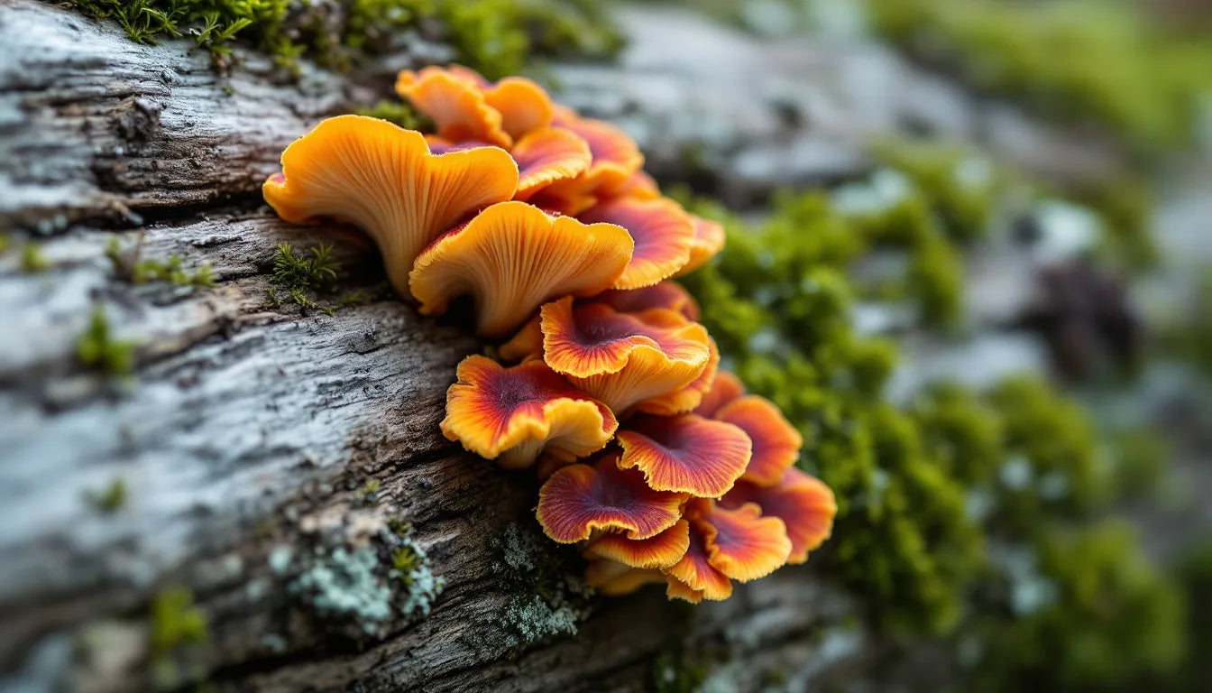 brightly colored turkey tail mushrooms on log