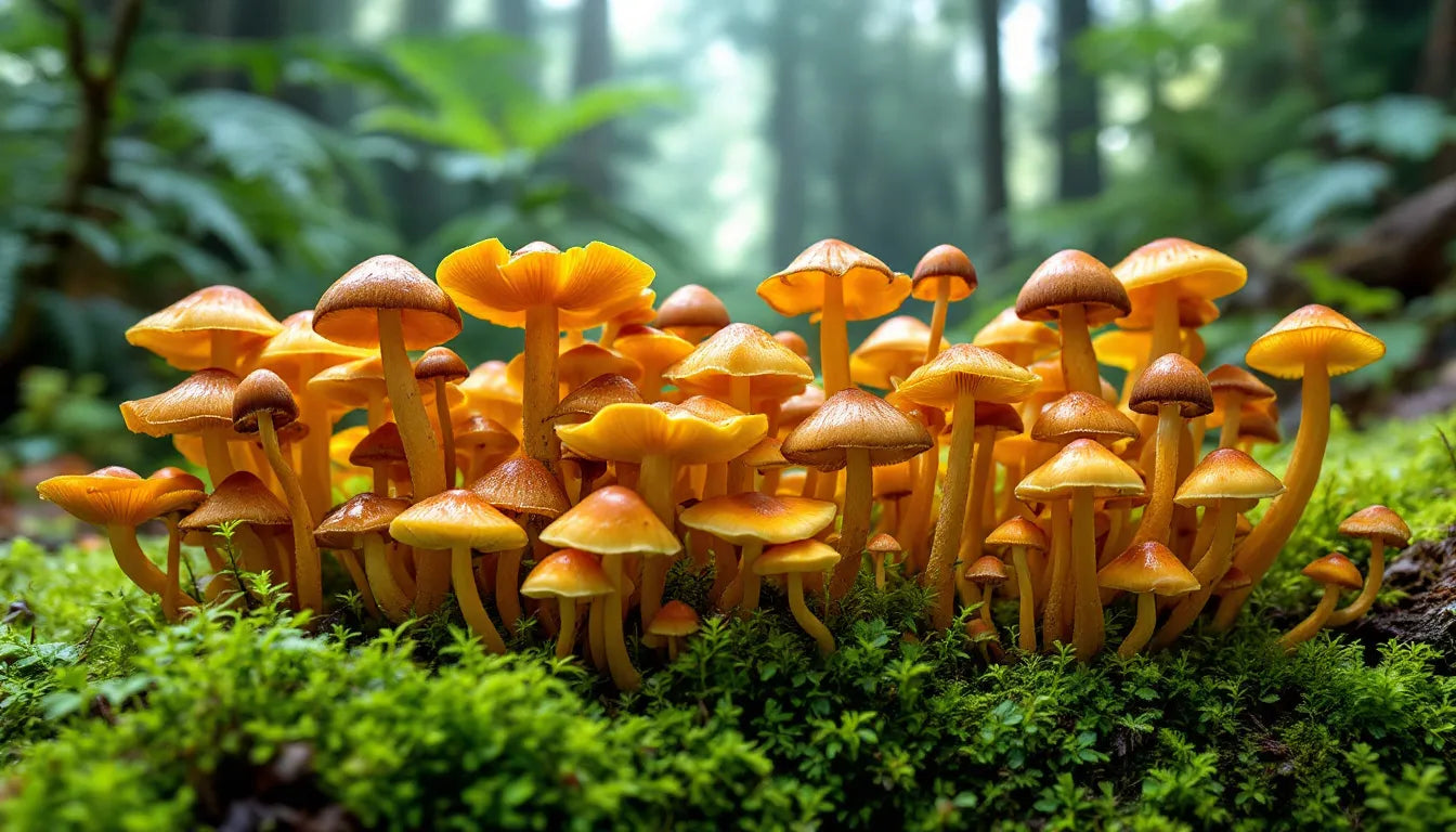 Cluster of psychedelic mushrooms in natural forest setting
