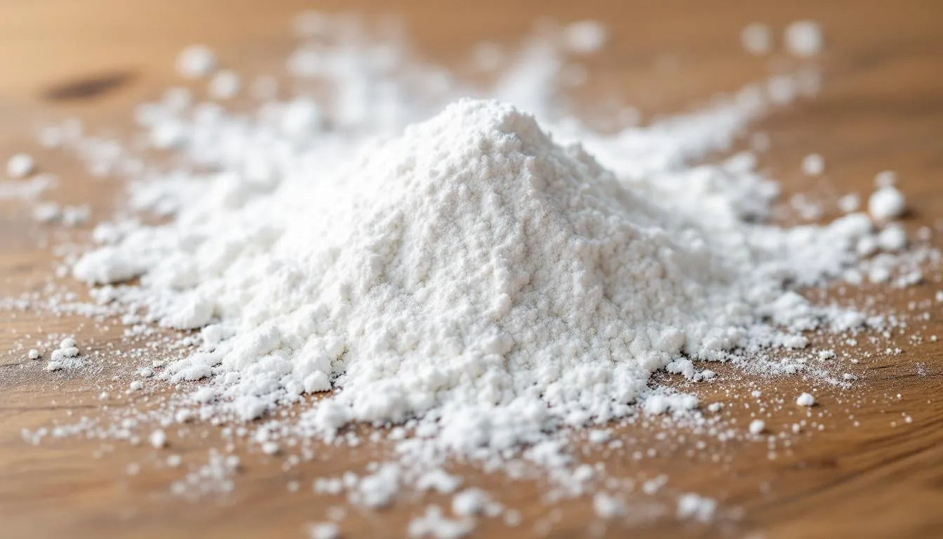 Close-up of fine white gypsum powder on table
