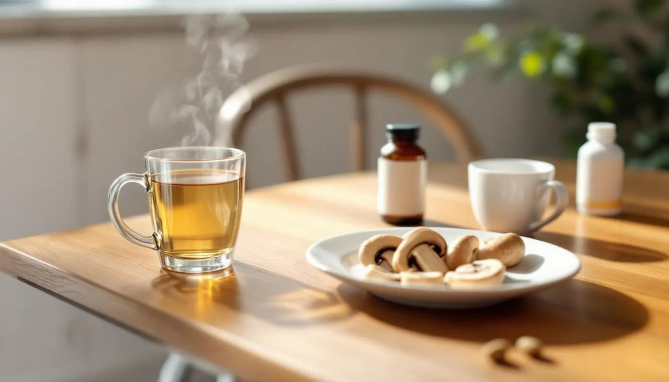 tea and mushroom supplements arranged on table
