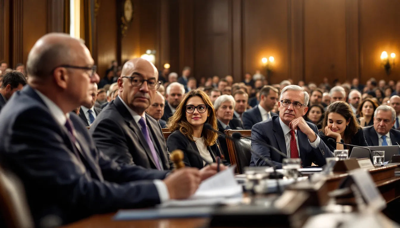A government hearing with politicians speaking at a podium.