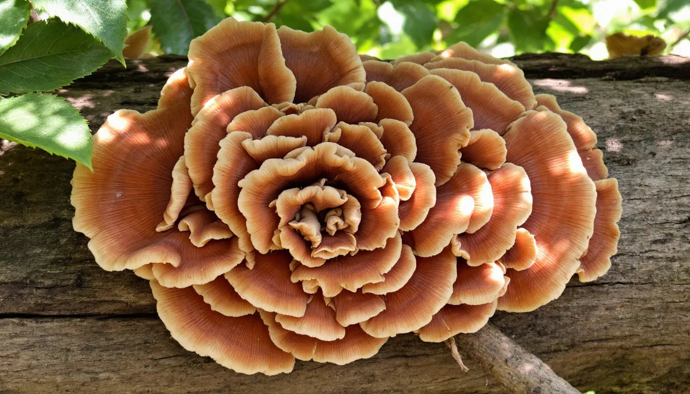 Shiitake mushrooms growing on hardwood log
