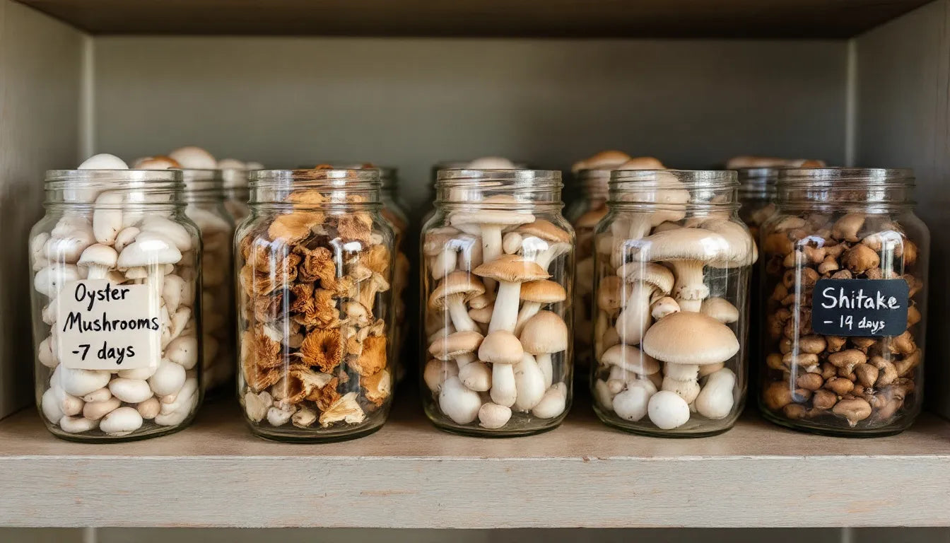 Mushrooms growing on shelf in home kitchen