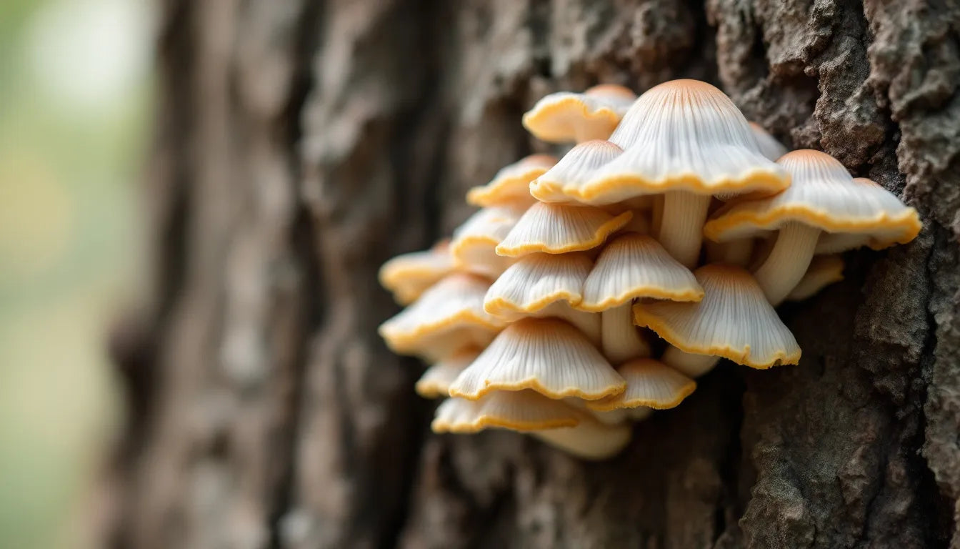 fresh turkey tail mushrooms growing on bark