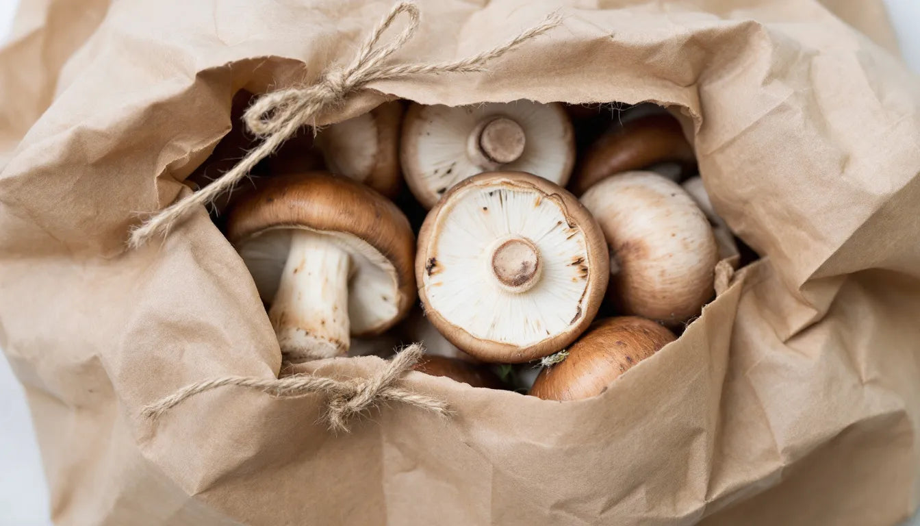 A brown paper bag filled with fresh mushrooms.