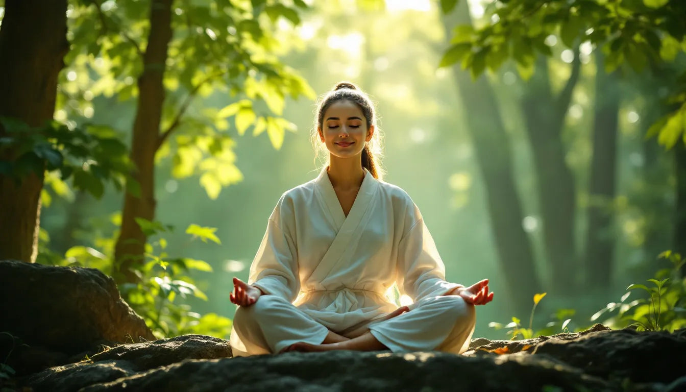 Person meditating peacefully in a sunlit forest
