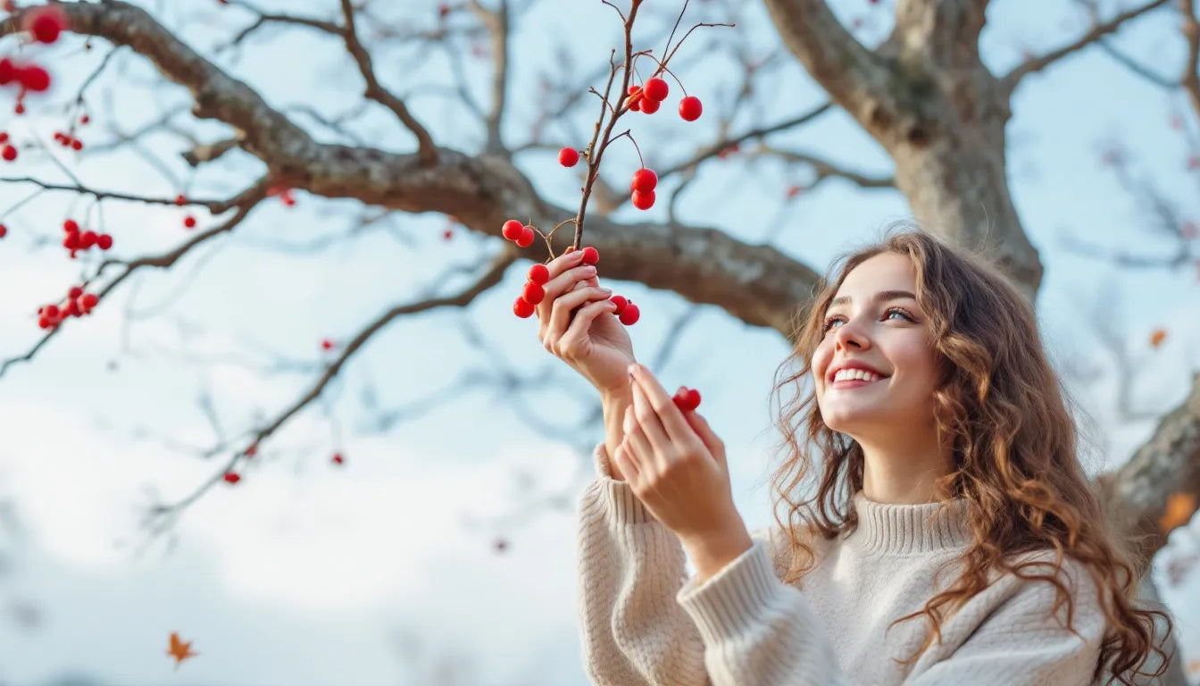 Close-up of hand picking rowan buds from tree branch
