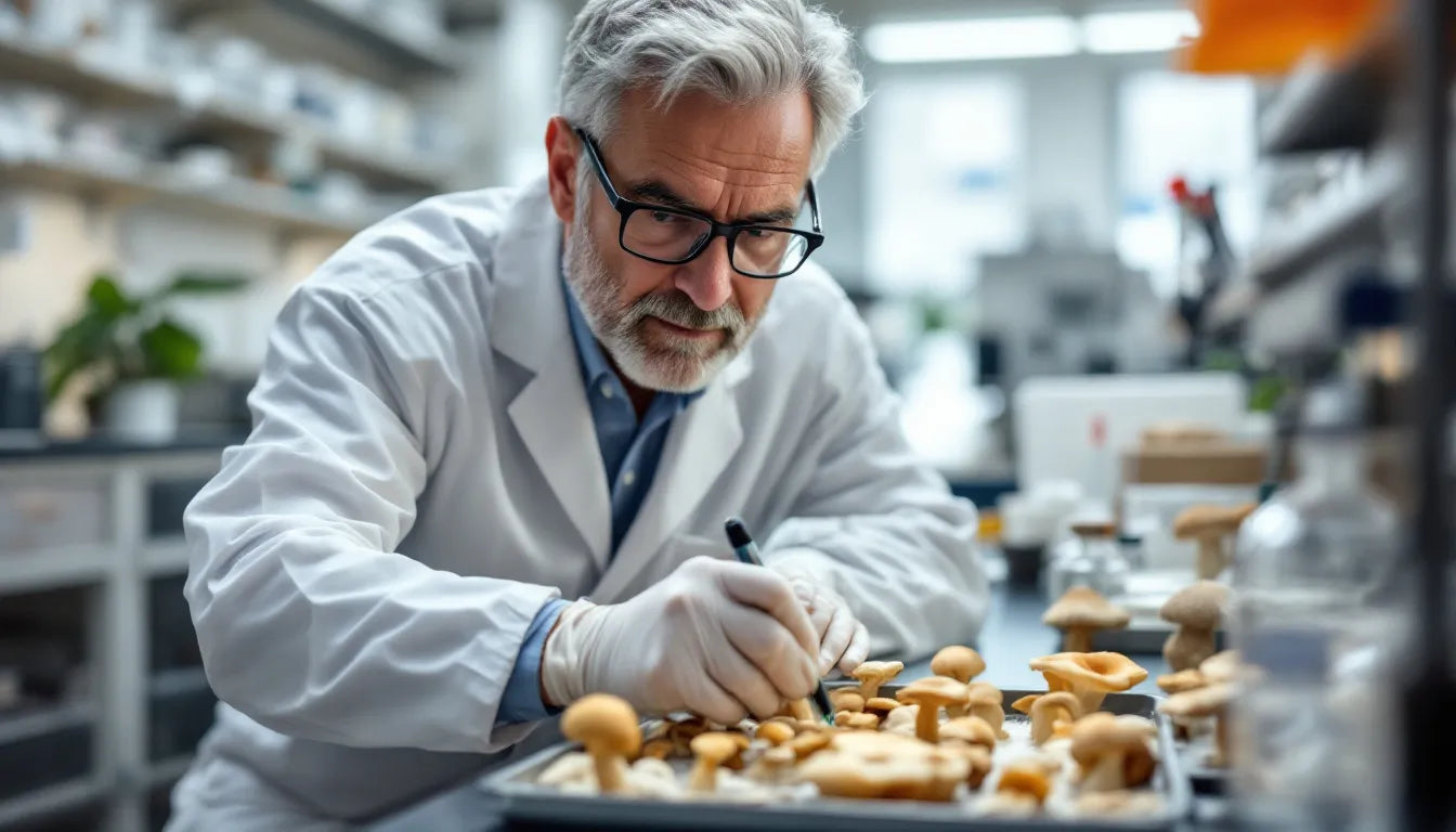 A professional mycologist examining mushroom substrates in a laboratory.