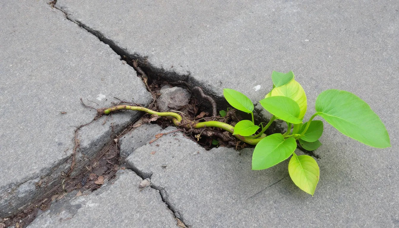 Coca plant sprouting through cracked concrete, symbolizing rebirth