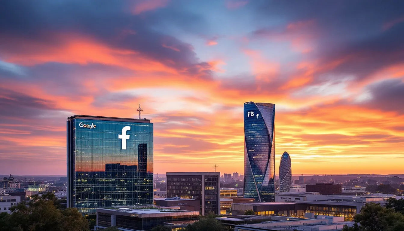 A stunning view of the Silicon Valley skyline at sunset.