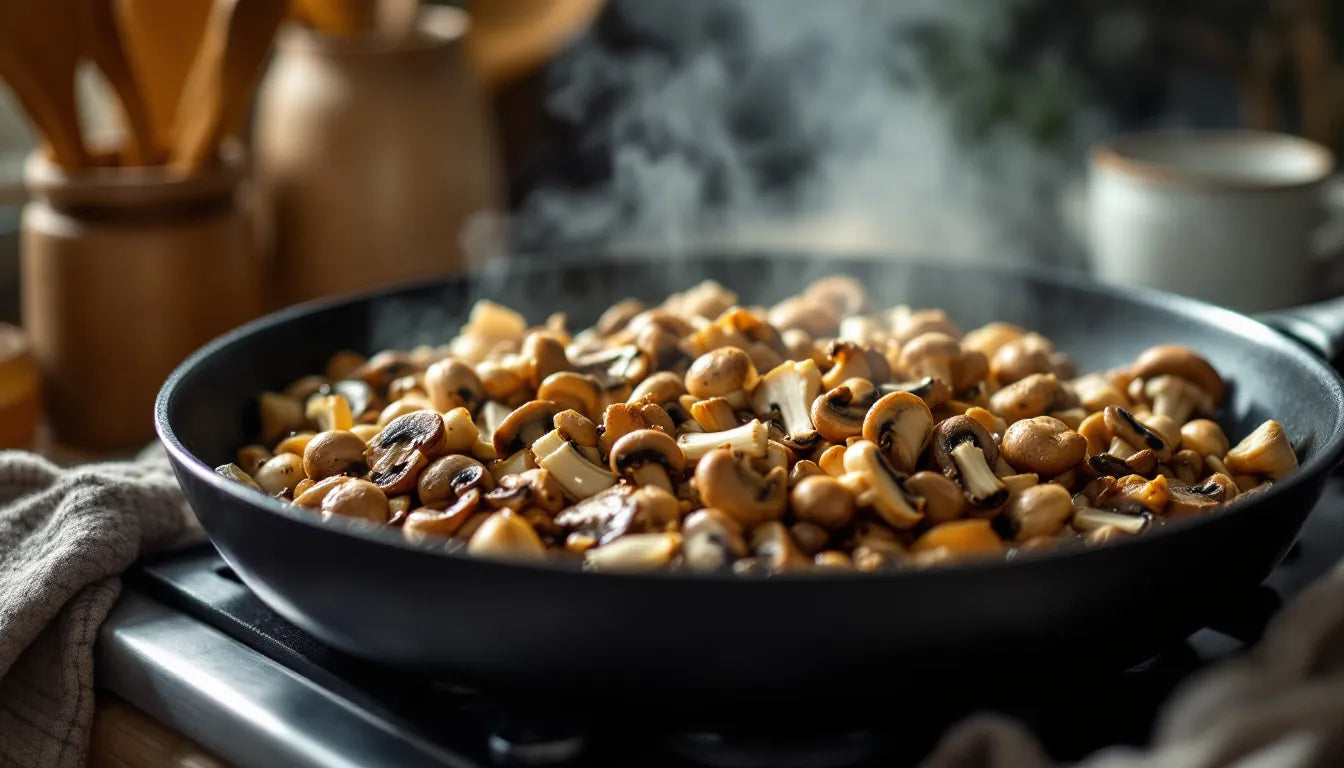 Pan with too many mushrooms steaming