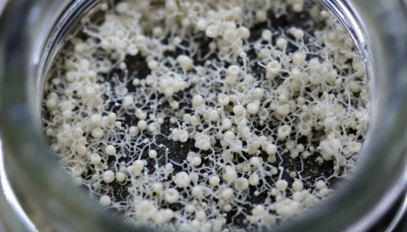 A close-up image of white mycelium spreading inside a sterile glass jar.