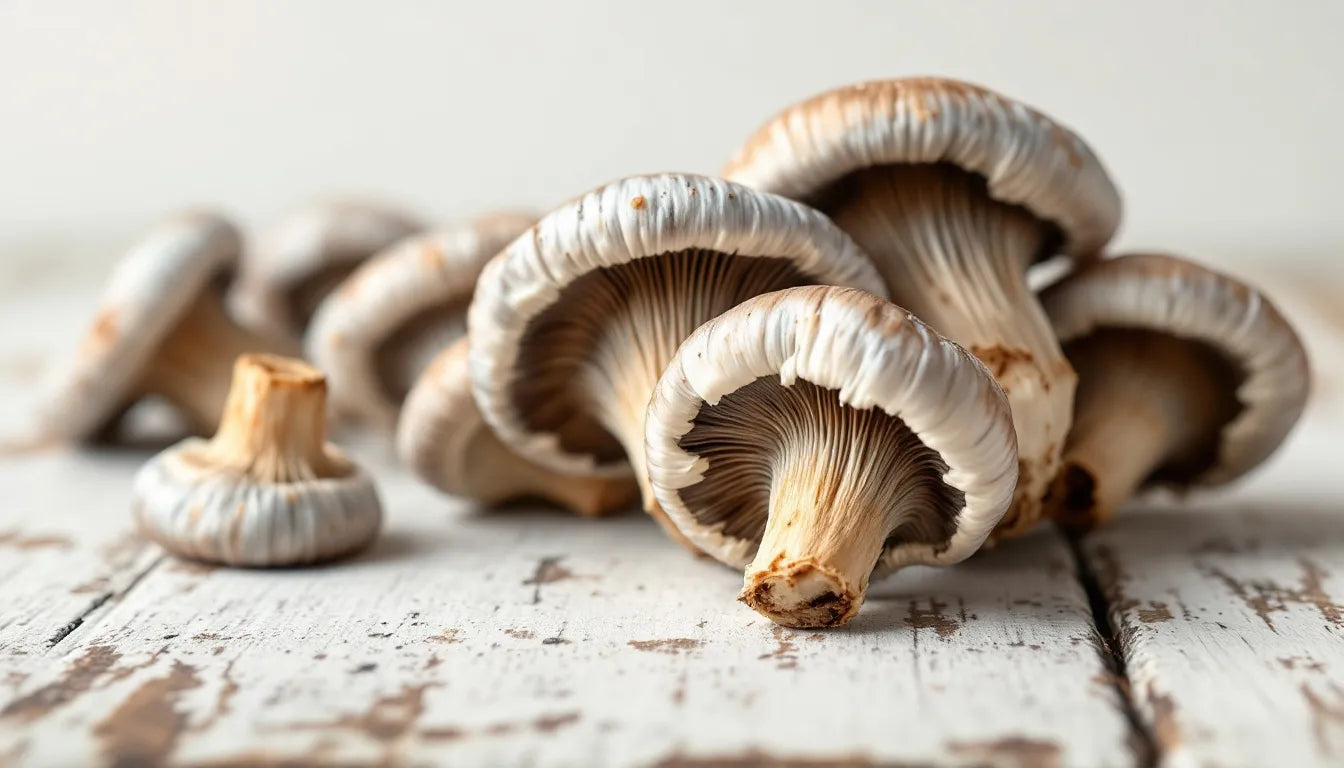 A close-up of fresh oyster mushrooms placed on a wooden table.
