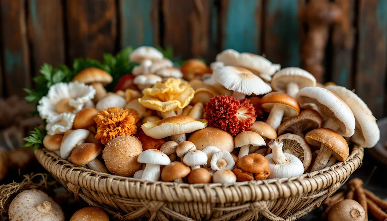 Edible Astraeus mushrooms in woven basket at Thai market