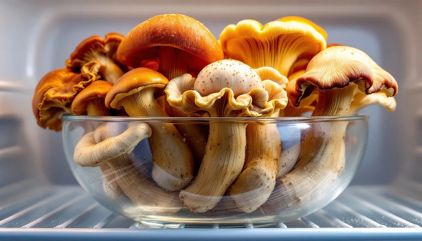 Lion's mane mushrooms soaking in cold water inside a fridge
