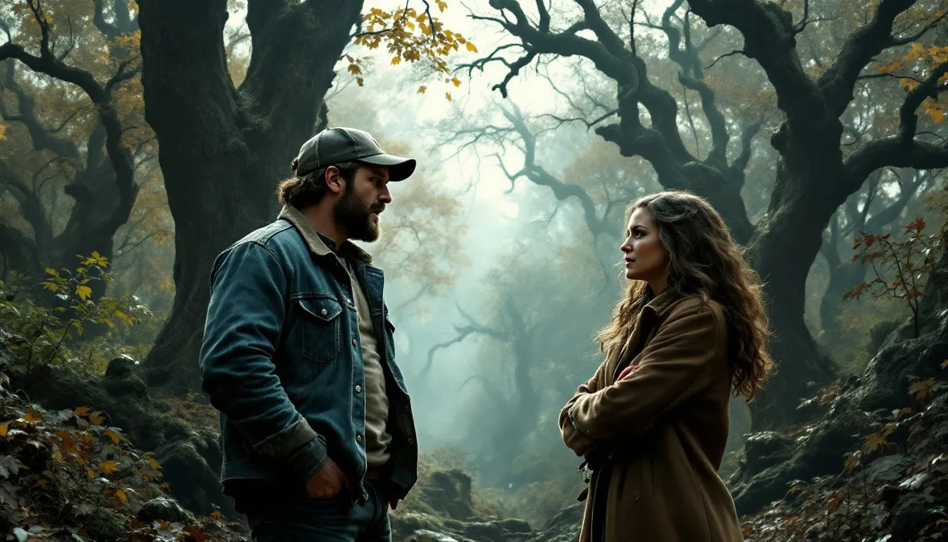 Two people engaged in argument in forest setting
