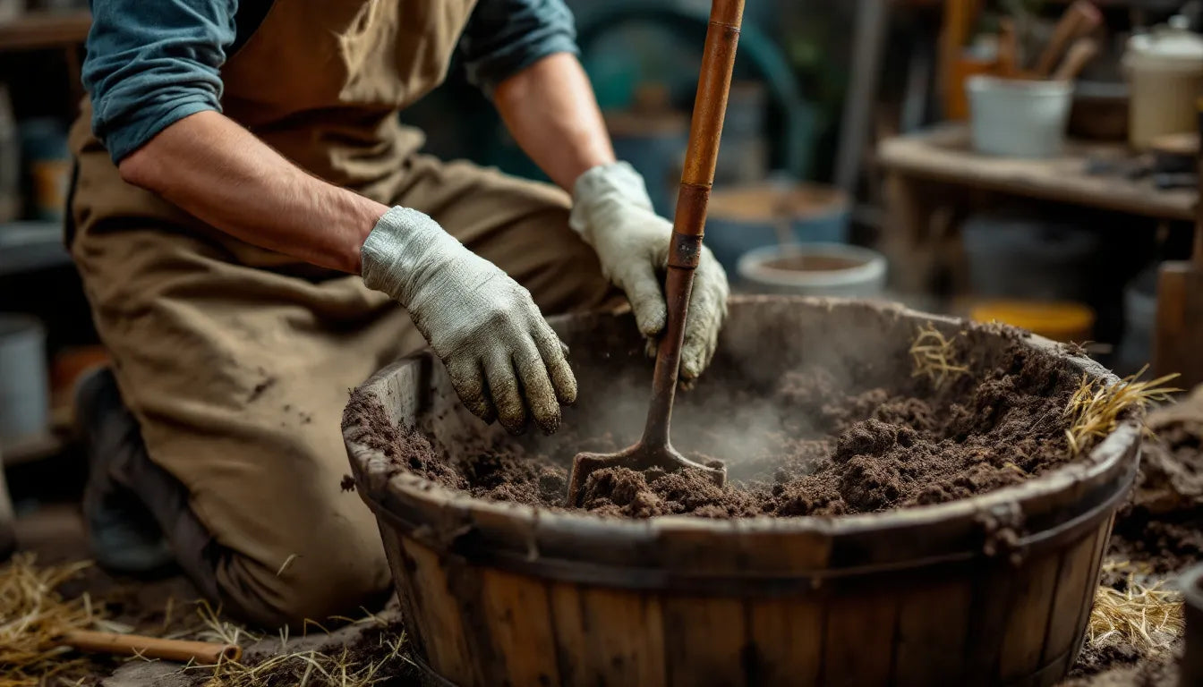 A cultivator mixing Master’s Mix substrate in a large bin.